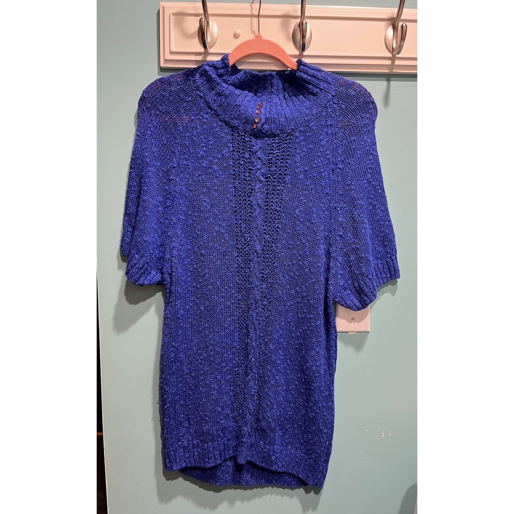 James St John Women Blue Knit Mock Neck Short Sleeve Sweater Top M